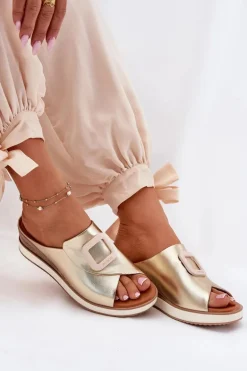 Klapki Damskie Skórzane Na Koturnie Artiker 56C2146 Złote