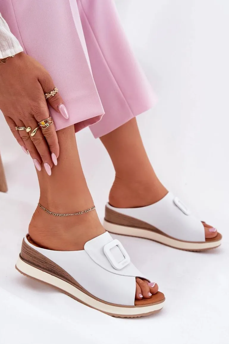 Klapki Damskie Skórzane Na Koturnie Artiker 56C2144 Białe