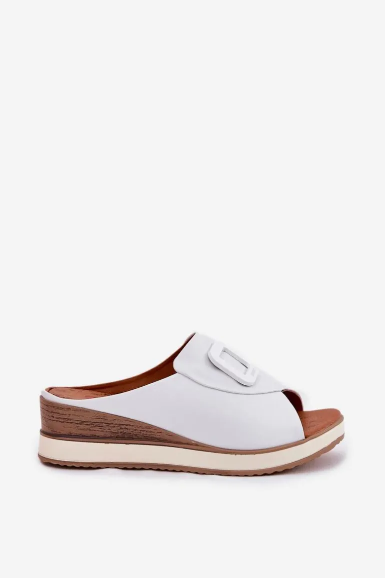 Klapki Damskie Skórzane Na Koturnie Artiker 56C2144 Białe