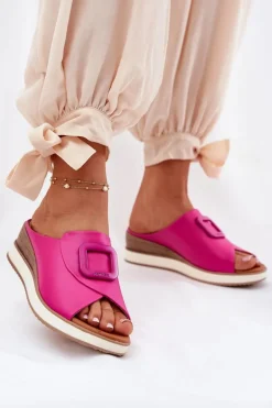 Klapki Damskie Skórzane Na Koturnie Artiker 56C2147 Fuksja