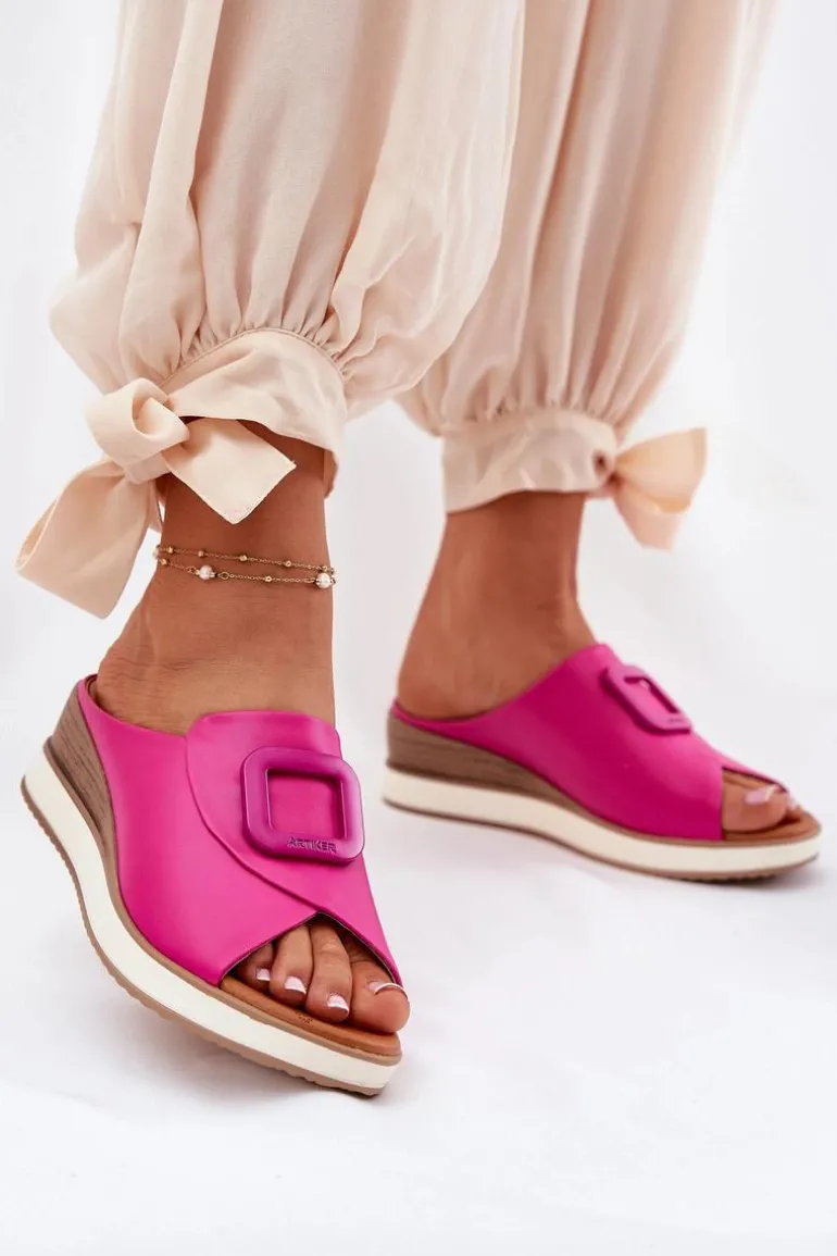 Klapki Damskie Skórzane Na Koturnie Artiker 56C2147 Fuksja