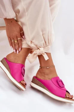 Klapki Damskie Skórzane Na Koturnie Artiker 56C2147 Fuksja