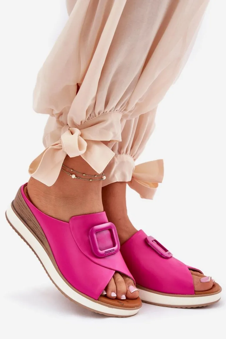 Klapki Damskie Skórzane Na Koturnie Artiker 56C2147 Fuksja