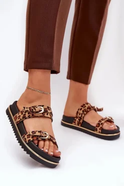 Klapki Damskie w Panterkę Na Platformie Z Paskami I Klamrami Brązowe Ziferte