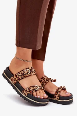 Klapki Damskie w Panterkę Na Platformie Z Paskami I Klamrami Brązowe Ziferte