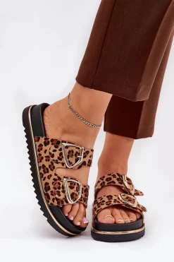 Klapki Damskie w Panterkę Na Platformie Ze Złotymi Klamrami Brązowe Tersele