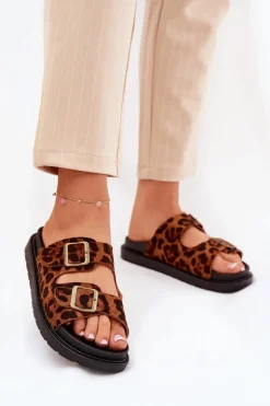Klapki Damskie W Panterkę Na Platformie Z Klamrami Brązowe Simbes