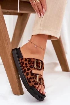 Klapki Damskie W Panterkę Na Platformie Z Klamrami Brązowe Simbes