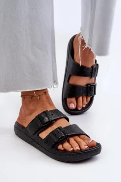 Klapki Damskie Z Brokatem Czarne Brianella