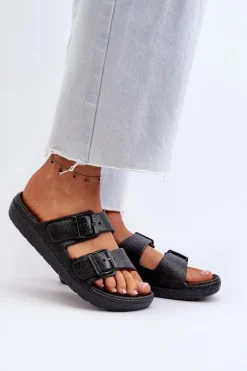 Klapki Damskie Z Brokatem Czarne Brianella