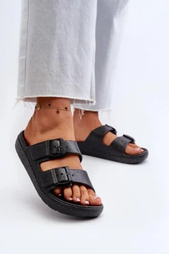 Klapki Damskie Z Brokatem Czarne Brianella