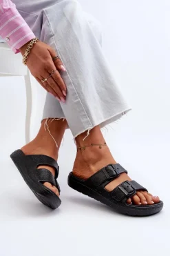 Klapki Damskie Z Brokatem Czarne Brianella