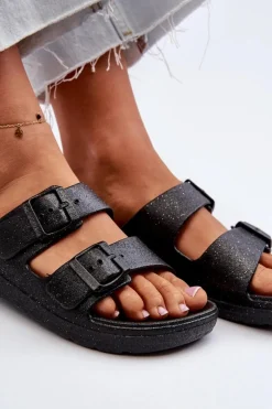 Klapki Damskie Z Brokatem Czarne Brianella