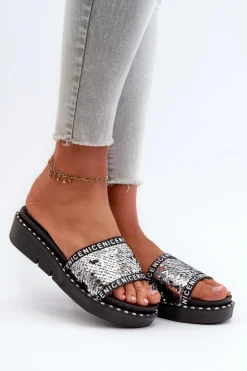 Klapki Damskie Z Cekinami Czarno-Srebrne Rivanique