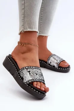 Klapki Damskie Z Cekinami Czarno-Srebrne Rivanique