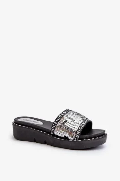 Klapki Damskie Z Cekinami Czarno-Srebrne Rivanique