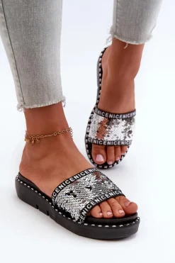 Klapki Damskie Z Cekinami Czarno-Srebrne Rivanique