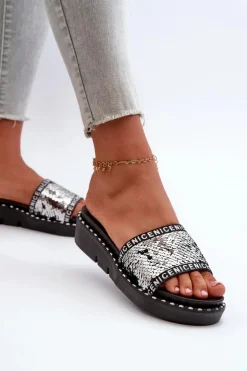 Klapki Damskie Z Cekinami Czarno-Srebrne Rivanique