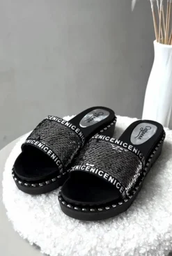 Klapki Damskie Z Cekinami Czarno-Srebrne Rivanique