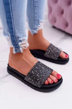 Klapki Damskie Z Cyrkoniami Czarne XTI 48821