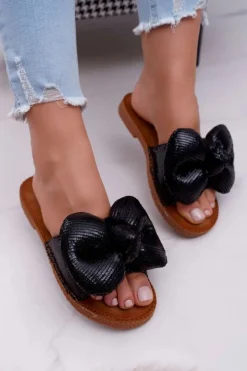 Klapki Damskie z Dużą Kokardą Czarne Big Love