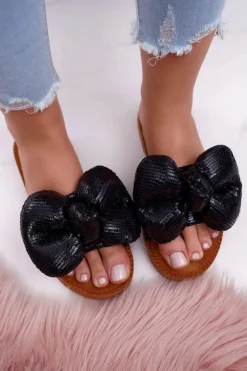 Klapki Damskie z Dużą Kokardą Czarne Big Love
