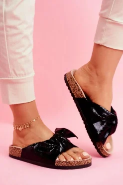 Klapki Damskie z Dużą Kokardą Czarne Lovely Time