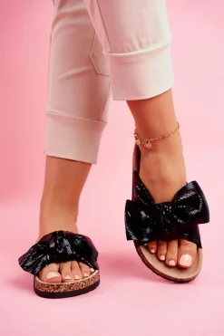 Klapki Damskie z Dużą Kokardą Czarne Lovely Time