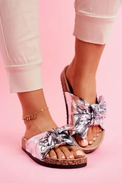 Klapki Damskie z Dużą Kokardą Srebrne Lovely Time