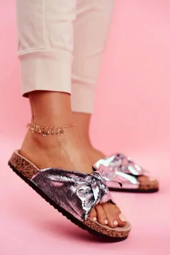 Klapki Damskie z Dużą Kokardą Srebrne Lovely Time