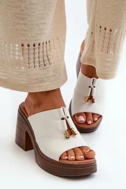 Klapki Damskie Z Eko Skóry Na Platformie I Klocku Białe Dafira