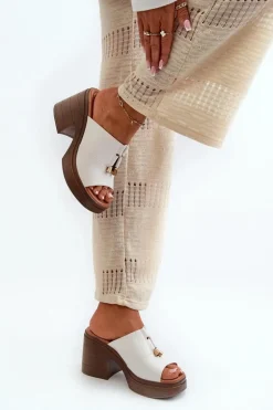 Klapki Damskie Z Eko Skóry Na Platformie I Klocku Białe Dafira