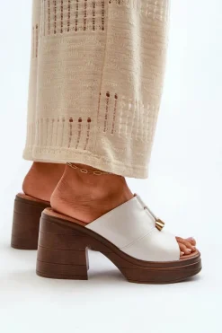 Klapki Damskie Z Eko Skóry Na Platformie I Klocku Białe Dafira