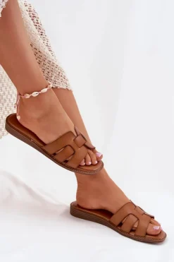 Klapki Damskie Z Eko Skóry Brązowe Lisanoria