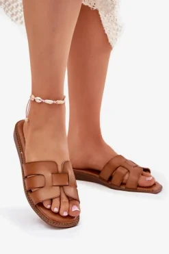 Klapki Damskie Z Eko Skóry Brązowe Lisanoria