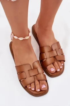 Klapki Damskie Z Eko Skóry Brązowe Lisanoria