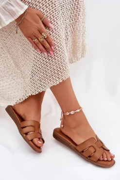 Klapki Damskie Z Eko Skóry Brązowe Lisanoria