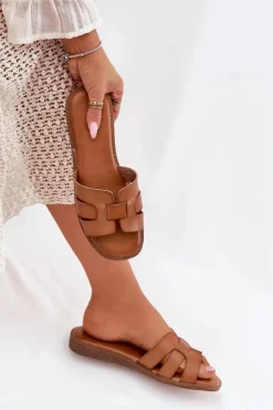 Klapki Damskie Z Eko Skóry Brązowe Lisanoria