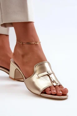 Klapki Damskie Z Eko Skóry Na Obcasie Złote Jemenna