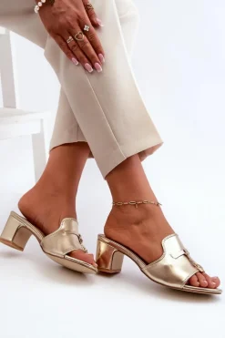 Klapki Damskie Z Eko Skóry Na Obcasie Złote Jemenna