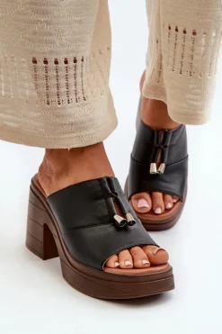 Klapki Damskie Z Eko Skóry Na Platformie I Klocku Czarne Dafira