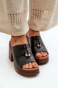 Klapki Damskie Z Eko Skóry Na Platformie I Klocku Czarne Dafira