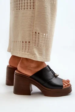 Klapki Damskie Z Eko Skóry Na Platformie I Klocku Czarne Dafira