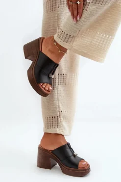 Klapki Damskie Z Eko Skóry Na Platformie I Klocku Czarne Dafira