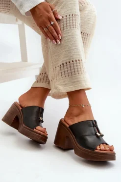 Klapki Damskie Z Eko Skóry Na Platformie I Klocku Czarne Dafira