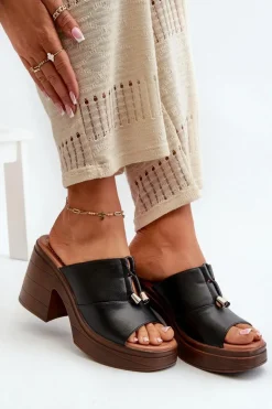 Klapki Damskie Z Eko Skóry Na Platformie I Klocku Czarne Dafira