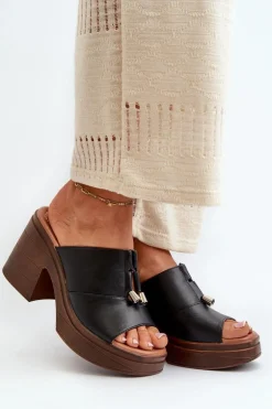 Klapki Damskie Z Eko Skóry Na Platformie I Klocku Czarne Dafira