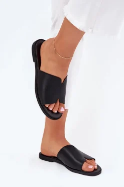 Klapki Damskie Z Eko Skóry Na Płaskim Obcasie Czarne Kalimira