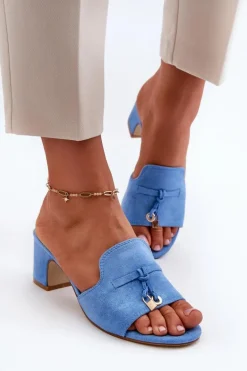 Klapki Damskie Z Eko Zamszu Na Obcasie Niebieskie Jemenna