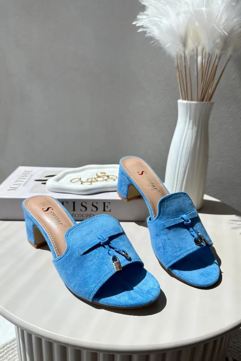 Klapki Damskie Z Eko Zamszu Na Obcasie Niebieskie Jemenna